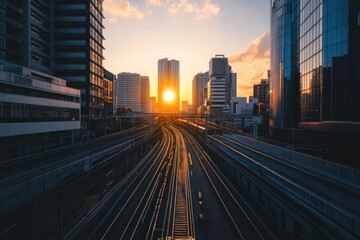 Obraz premium Cityscape image of a train moving through urban area with high-rise buildings