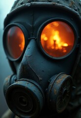 Fototapeta premium A close-up shot of a gas mask, each lens reflecting the fierce glow of fires within a nuclear reactor