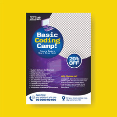 Coding, computer programming and kids technology educational editable print flyer or poster template, Kid technology class leaflet, brochure cover template design