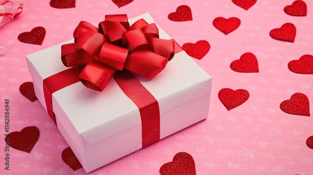 Poster a small gift box wrapped with a red ribbon on a pink background, perfect for adding a touch of elega