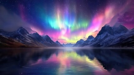 majestic mountains and serene rivers under a breathtaking aurora borealis, casting vibrant colors across the night sky, symbolizing adventure and the beauty of nature
