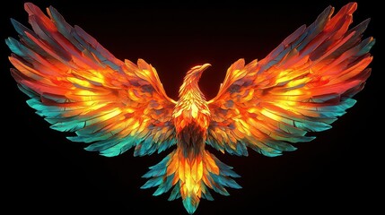 Fototapeta premium majestic phoenix rising from vibrant flames, its feathers glowing with fiery hues, symbolizing rebirth and resilience in a striking 3d illustration