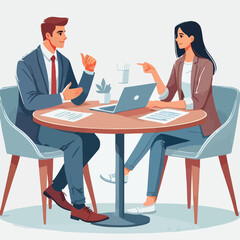 Partners meeting for business discussion with documents and laptop on desk. Couple at round table, speaking, discussing work, partnership. Flat vector on a white background