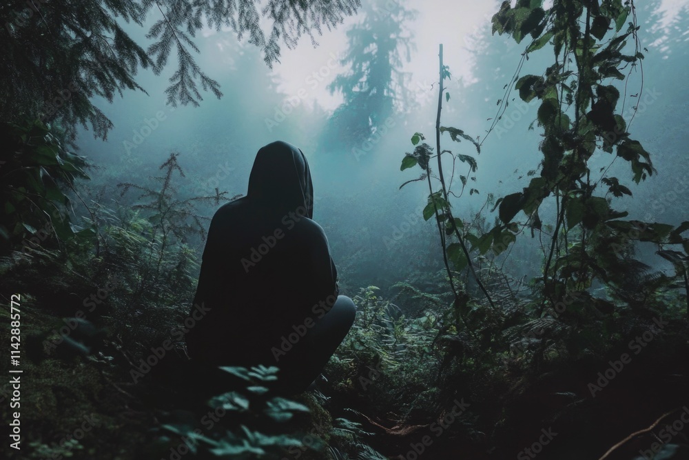 Poster a person sitting on a rock in a forest, surrounded by trees and foliage