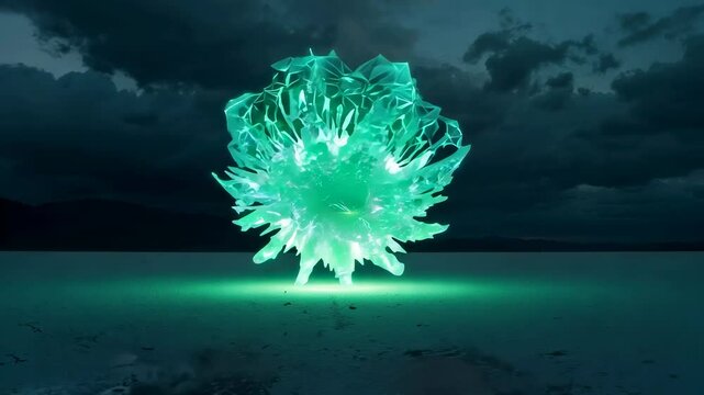 Glowing Green Crystalline UFO or UAP Landing in Dry Lake Bed Under Stormy Skies