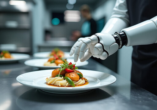 robotic arm expertly plates gourmet dishes futuristic kitchen advanced cooking