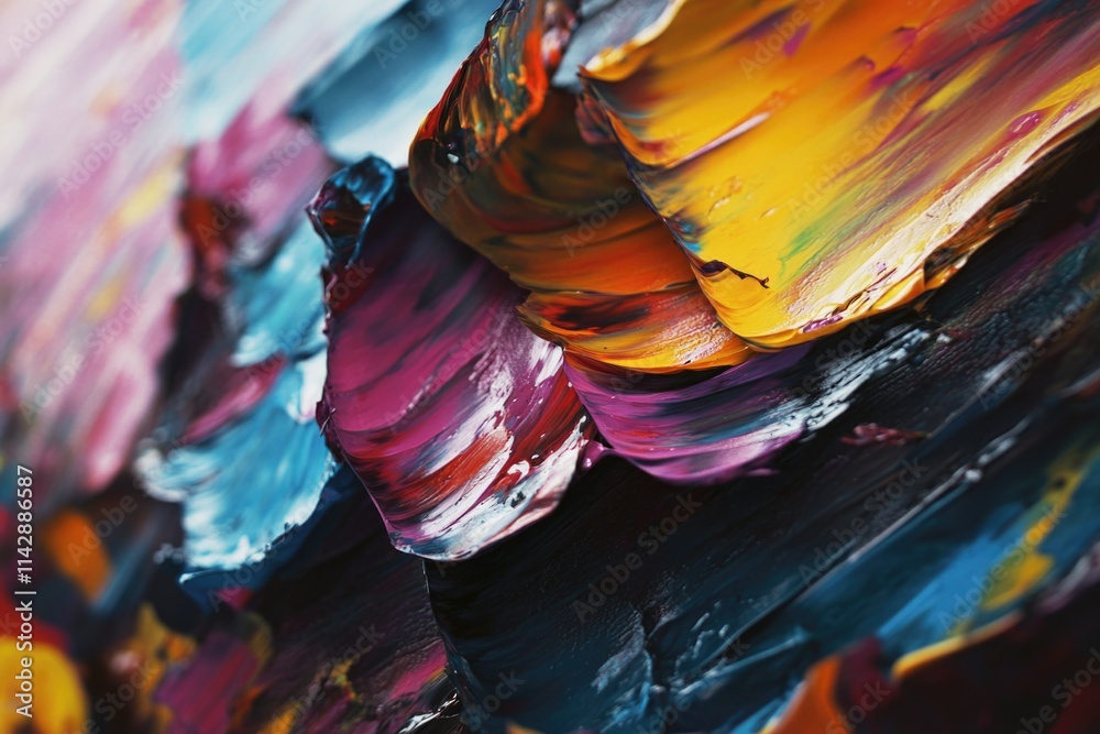 Poster a detailed view of a vibrant artwork on a canvas, ideal for decorating or illustrating creative proj