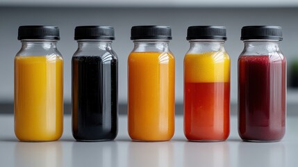 Five bottles of colorful, freshly-squeezed juices are neatly aligned, showcasing a vibrant spectrum of healthy beverage choices.