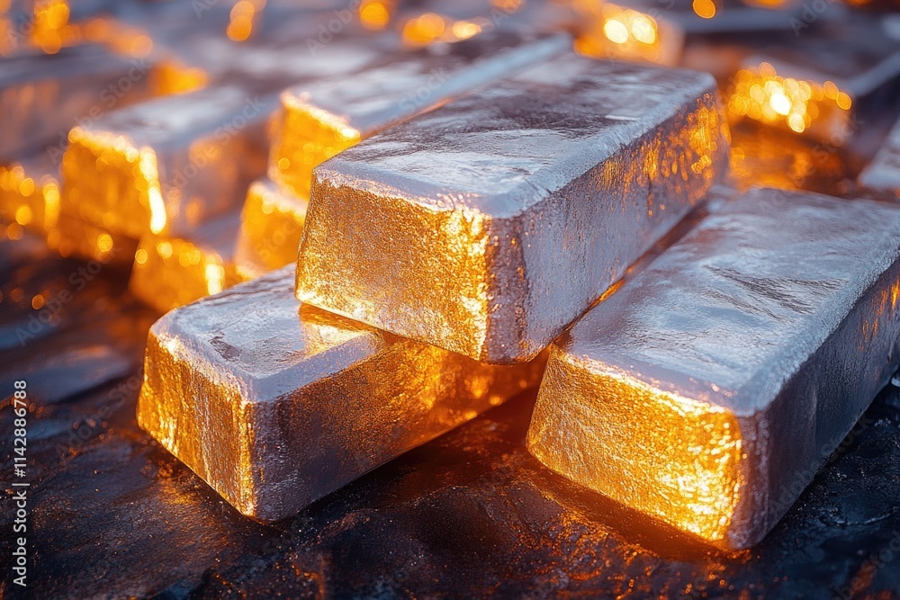 Poster a stack of shiny silver bars resting on a flat surface, suitable for use in financial or industrial 