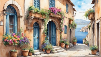 Whimsical watercolor painting of an Italian alley with vibrant flowers in window boxes and a glimpse of the shimmering sea