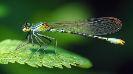 A close-up shot of a dragonfly perched on a leaf, showcasing its intricate details