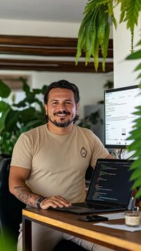 Young man working in a plant-filled office space with a laptop and monitor during bright daytime hours