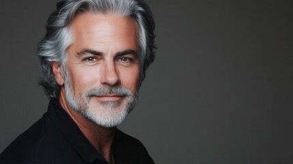 Obraz premium mature gray-haired man, thoughtful expression, gentle smile, against a neutral backdrop, symbolizing wisdom and self-assurance, suitable for men's grooming ads