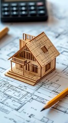 A miniature wooden house model placed on top of blueprints, with pencils and a calculator beside it