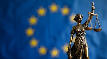 Obraz premium Lady Justice and the flag of the European Union. Symbol of law and justice with the EU flag.
