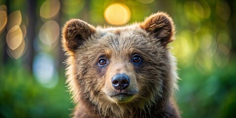 Fototapeta premium Sad Bear Cub Bokeh Photo: Cute Baby Bear Crying, Blurry Background, Wildlife Photography