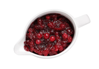 Tasty cranberry sauce in gravy boat isolated on white, top view