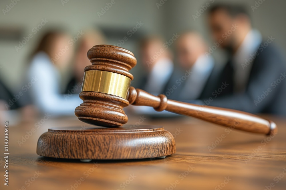 Poster a wooden gavel sits on top of a wooden table, ready for use in various settings