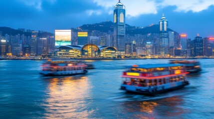 Naklejka premium Scenic River Boats Moving Across City Skyline