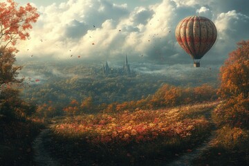 Fototapeta premium A hot air balloon soaring above a dense and vibrant green forest, with treetops stretching towards the sky