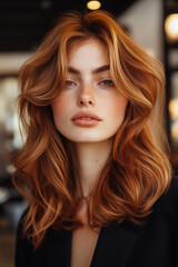 Fototapeta premium Front view of a young woman with long wavy copper hair, neutral background.