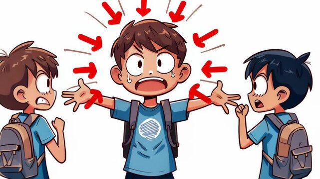 Sad schoolboy with backpack surrounded by pointing fingers illustrating school bullying and victim support.