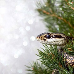 Fototapeta premium snake against the background of a snow-covered fir tree, on white background, empty white frame for text, copy space. Symbol of 2025 year of the Snake, picture for postcard and poster calendar