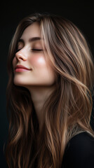 Obraz premium Side portrait of a young adult woman with long, smooth light brown wavy hair, black background.