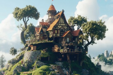 Naklejka premium A house sits atop a hill, featuring a flag at its peak