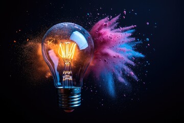 A light bulb explodes releasing colorful powders into the air