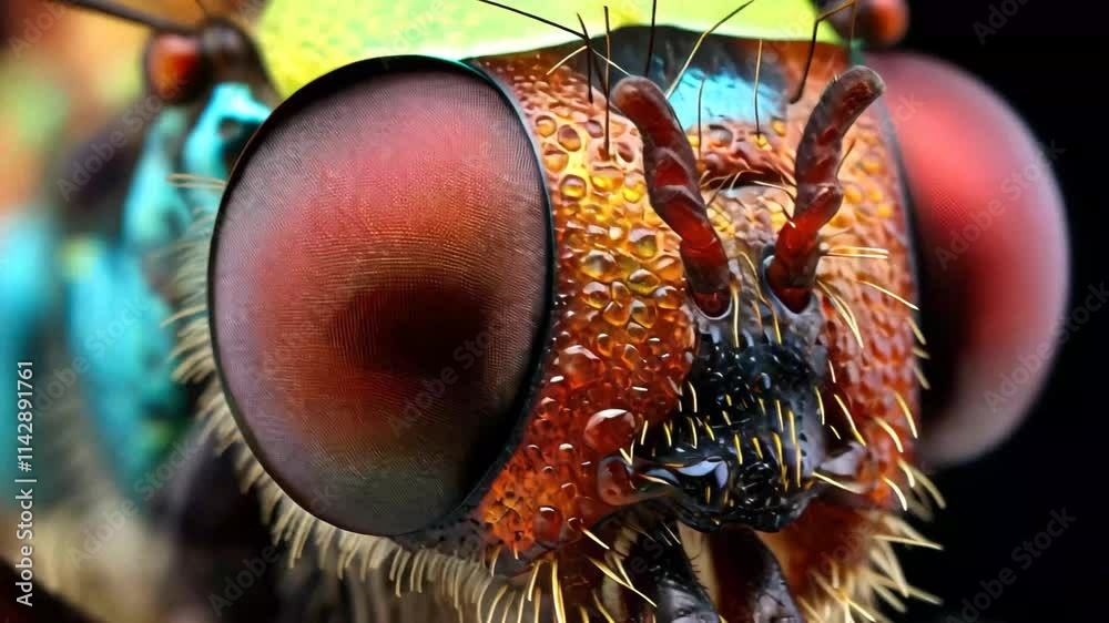 Poster macro exploration of a colorful insect showcasing intricate details in vibrant 4k quality