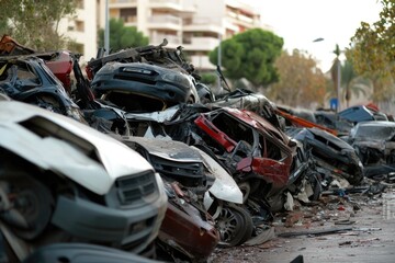 A photo of old and abandoned cars left on the roadside, great for use in scenes about urban decay or post-apocalyptic landscapes