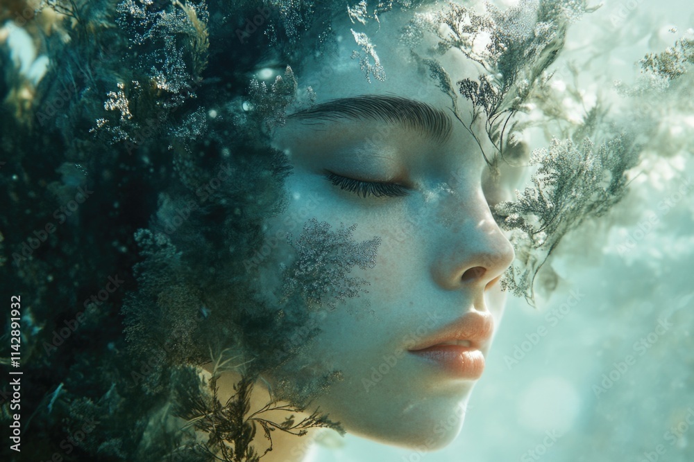 Poster underwater portrait of a woman with a serene expression, suitable for use in environmental or health