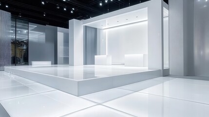 minimalist white glass stage with reflective surfaces, showcasing sleek, modern design, and a clean, futuristic atmosphere