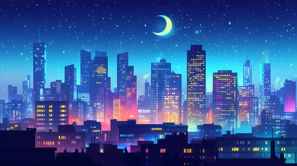 Obraz premium Urban nocturne rooftop view of city skyline at night wideangle cityscape. Nocturne. Illustration