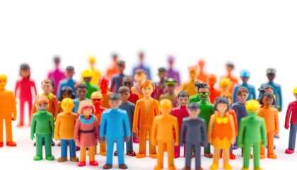 Obraz premium Colorful figurines represent diverse communities standing in crowd. Figurines various appearances, clothes. Diversity, inclusion theme visible. Bright colors, simple designs create aesthetic image.