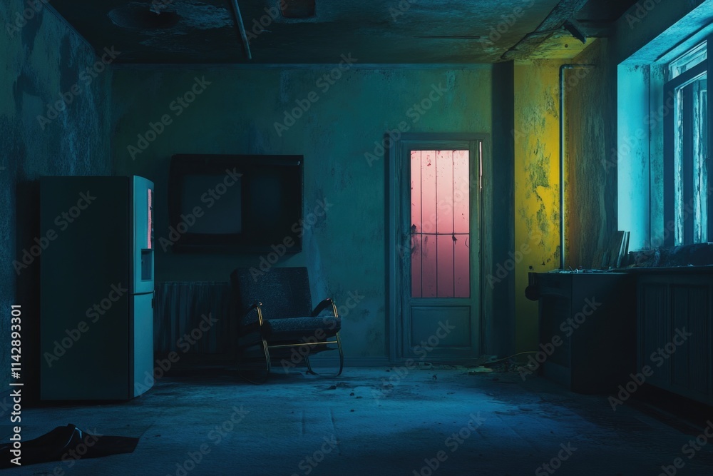 Poster a simple room with a single chair and a window, perfect for depicting solitude or contemplation