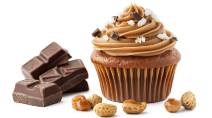 Homemade peanut butter cupcake with chocolate frosting, salted caramel, and chocolate bar isolated on white background