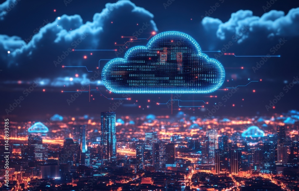 Poster a cloud icon with binary code floating above an urban skyline at night, symbolizing the interconnect