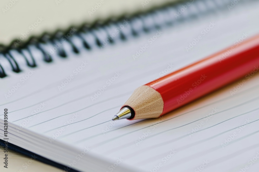 Poster a red pencil sits atop an open notebook, ready for writing