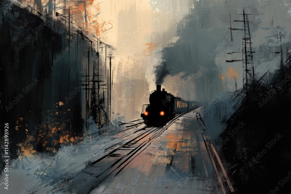 Poster a train is depicted as it approaches the railway tracks in this image