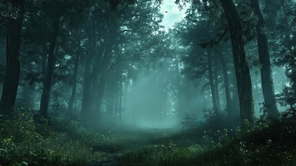 Fototapeta premium misty fir forest enveloped in soft light, with verdant trees shrouded in fog, creating a serene and mystical atmosphere, perfect for tranquility and nature appreciation