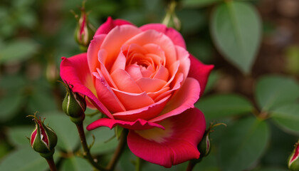 Close up view of a peach rose bush bursting with brightly colored blooms, surrounded by lush greenery, evoking feelings of joy and tranquility.