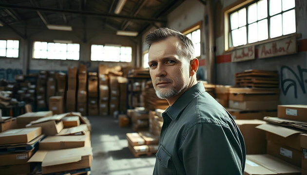 Cajas de cartón viejas en un almacén abandonado y un hombre mirando a cámara