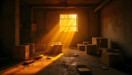 Cajas de cartón viejas en un almacén abandonado y sin personas