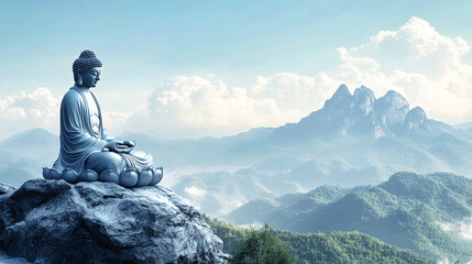 Buddha statue peacefully sits on a rocky outcrop surrounded by majestic mountain scenery under a tranquil blue sky