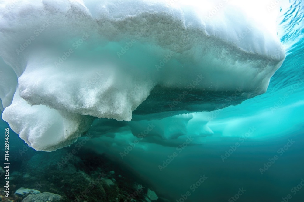 Poster a photograph of an iceberg submerged in the ocean with sunlight filtering through the water