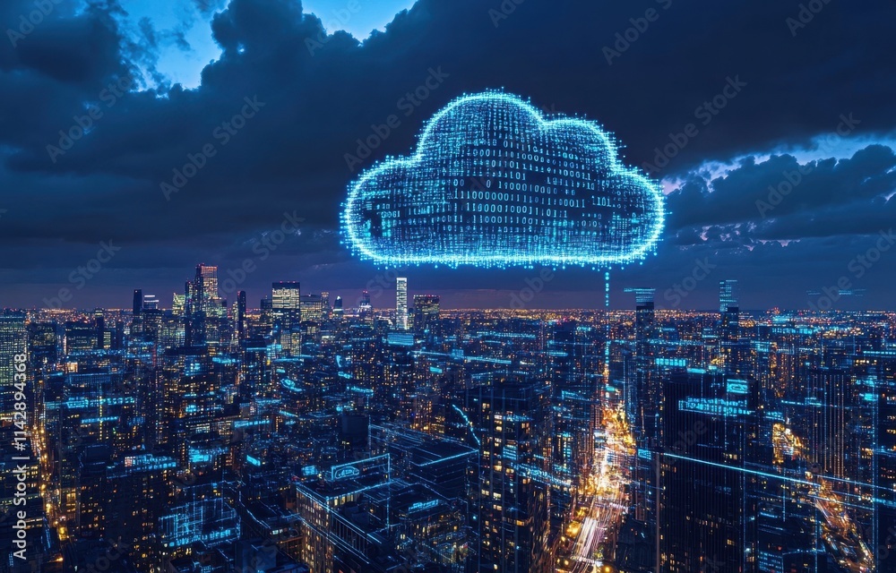 Poster a cloud with binary code floating above an urban skyline at night, symbolizing the interconnected na