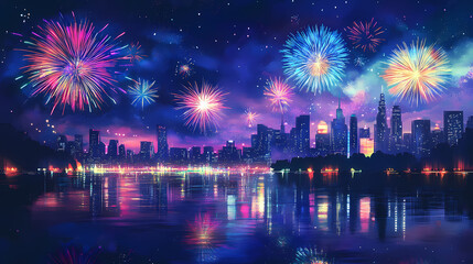 Vibrant fireworks light up the night sky over a city skyline, reflecting beautifully on the tranquil water, creating a festive and colorful scene. Nocturne. Illustration
