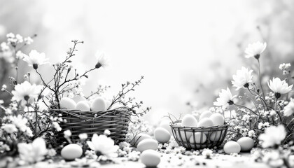 A charming Easter basket filled with colorful eggs and delicate flowers, featuring space for personalized Easter greetings, perfect for holiday designs and celebrations.